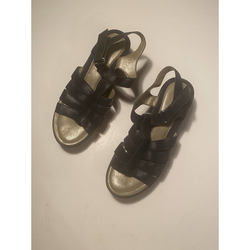 Easy Spirit AntiGravity Escorale Black Leather Wedge Sandals 8.5 Hook Loop Strap